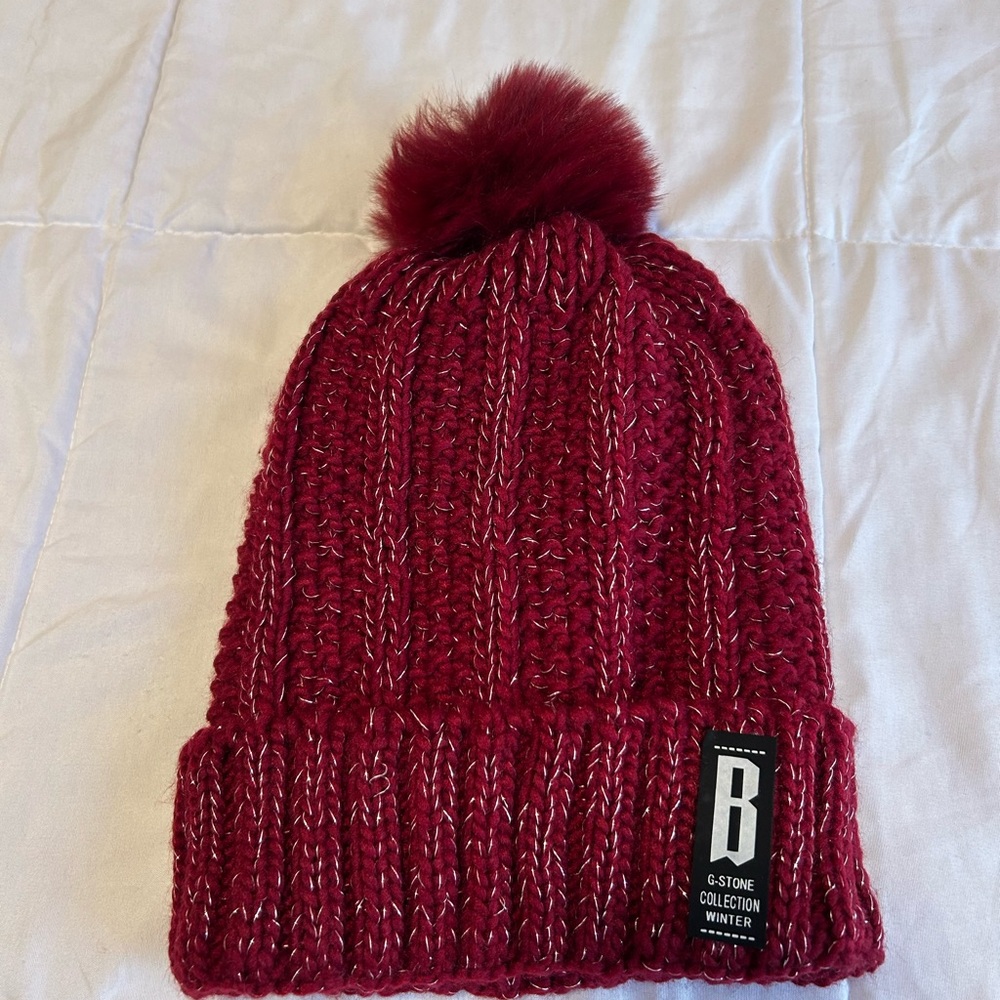 Burgundy Knit Beanie with Pom-Pom